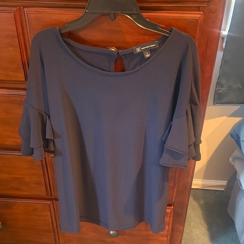 INC Dark Blue Ruffle Sleeve Blouse